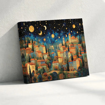 Whimsical Starry Night Village Printable Wall Art | Digital Download | Horizontal Printable Home Decor
