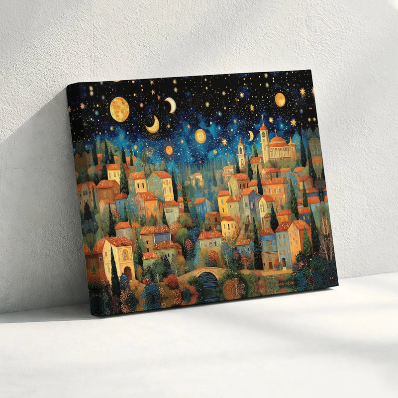 Whimsical Starry Night Village Printable Wall Art | Digital Download | Horizontal Printable Home Decor
